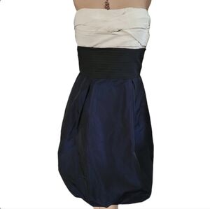BCBGMaxAzria Colorblock Blue Black Cream Strapless Puff Mini Dress Size 6